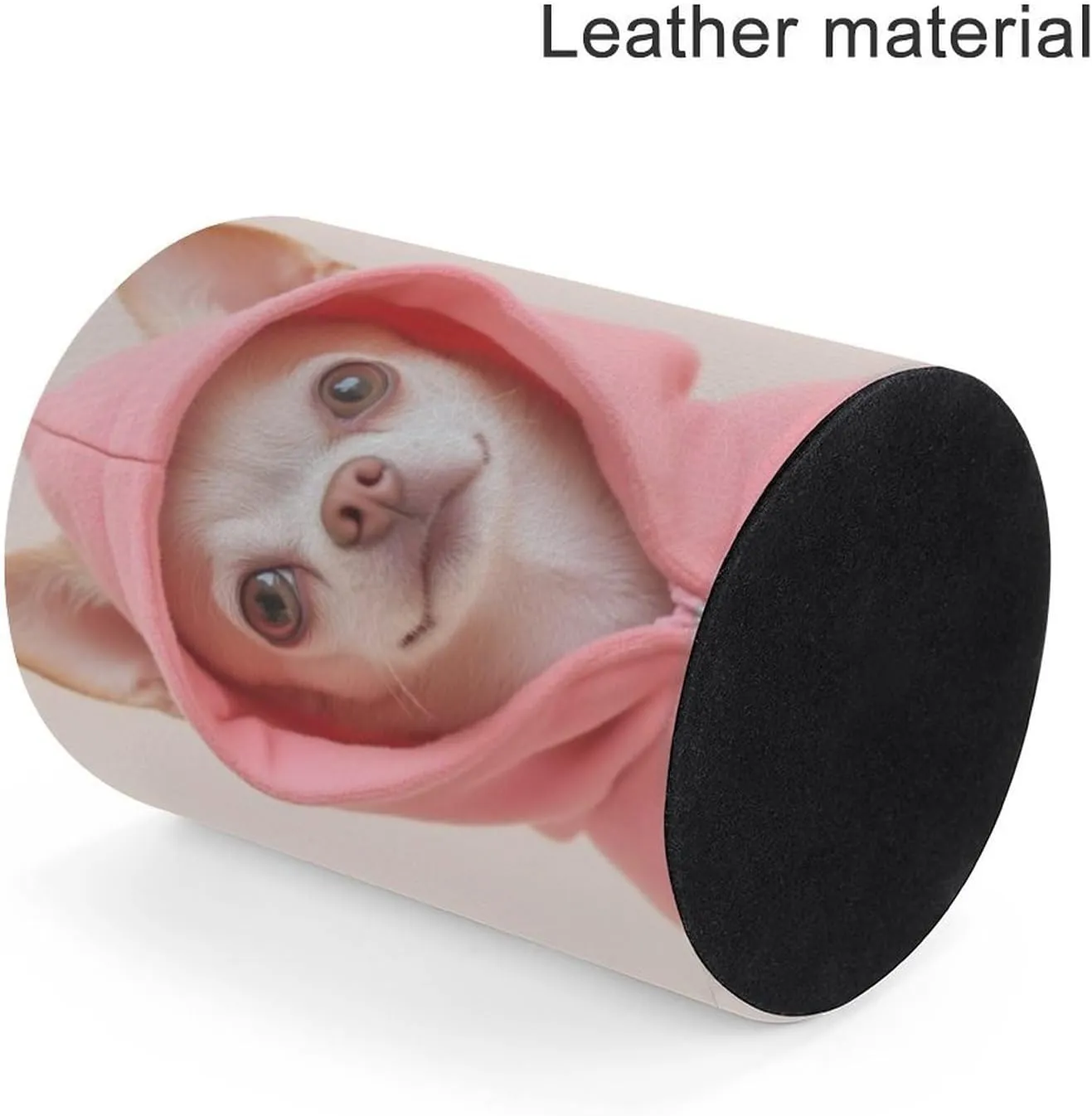Pen Holder Cup Cute Chihuahua Puppy Dog Pencil Case, Desk Stationery Organizer Storage Box Pu Leather Round Makeup Brush Holder