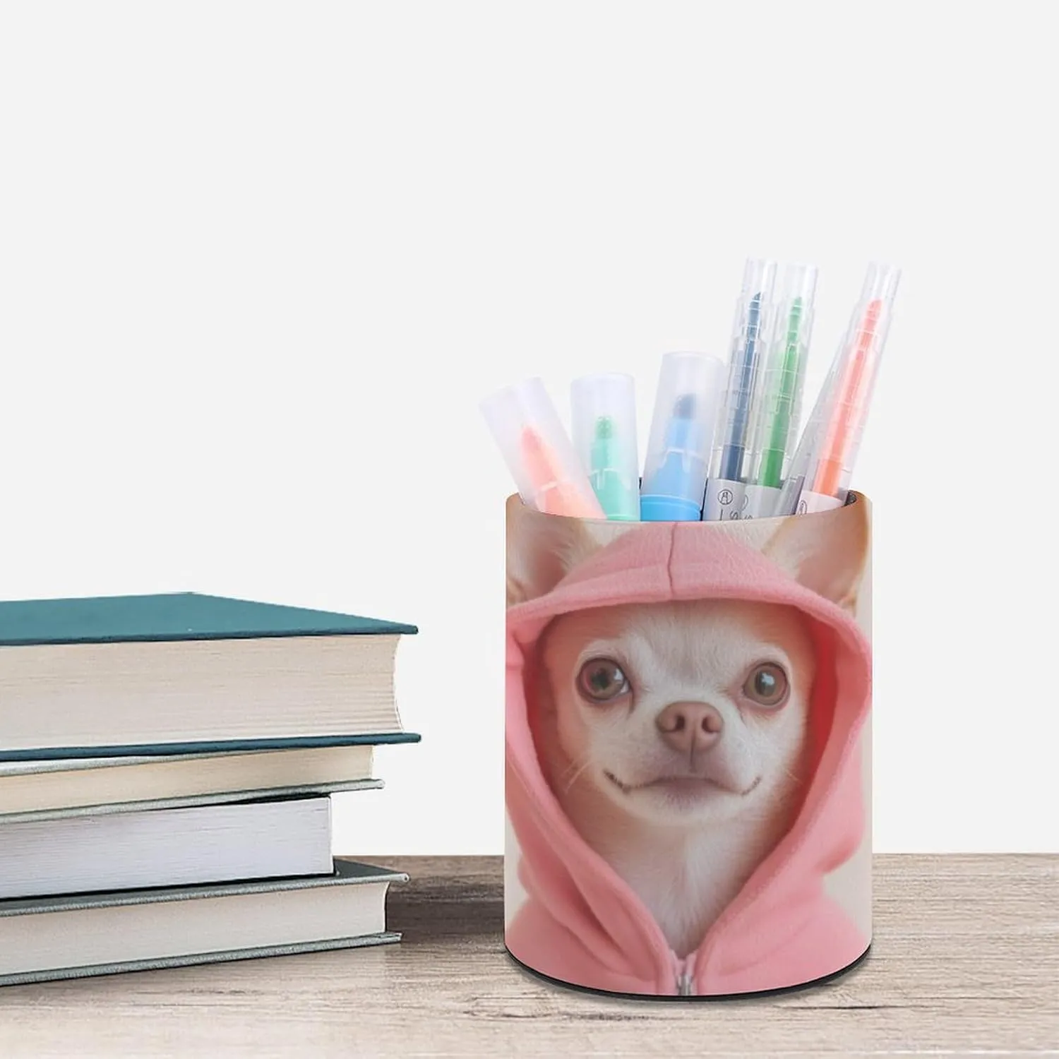 Pen Holder Cup Cute Chihuahua Puppy Dog Pencil Case, Desk Stationery Organizer Storage Box Pu Leather Round Makeup Brush Holder