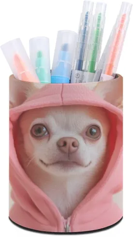 Pen Holder Cup Cute Chihuahua Puppy Dog Pencil Case, Desk Stationery Organizer Storage Box Pu Leather Round Makeup Brush Holder