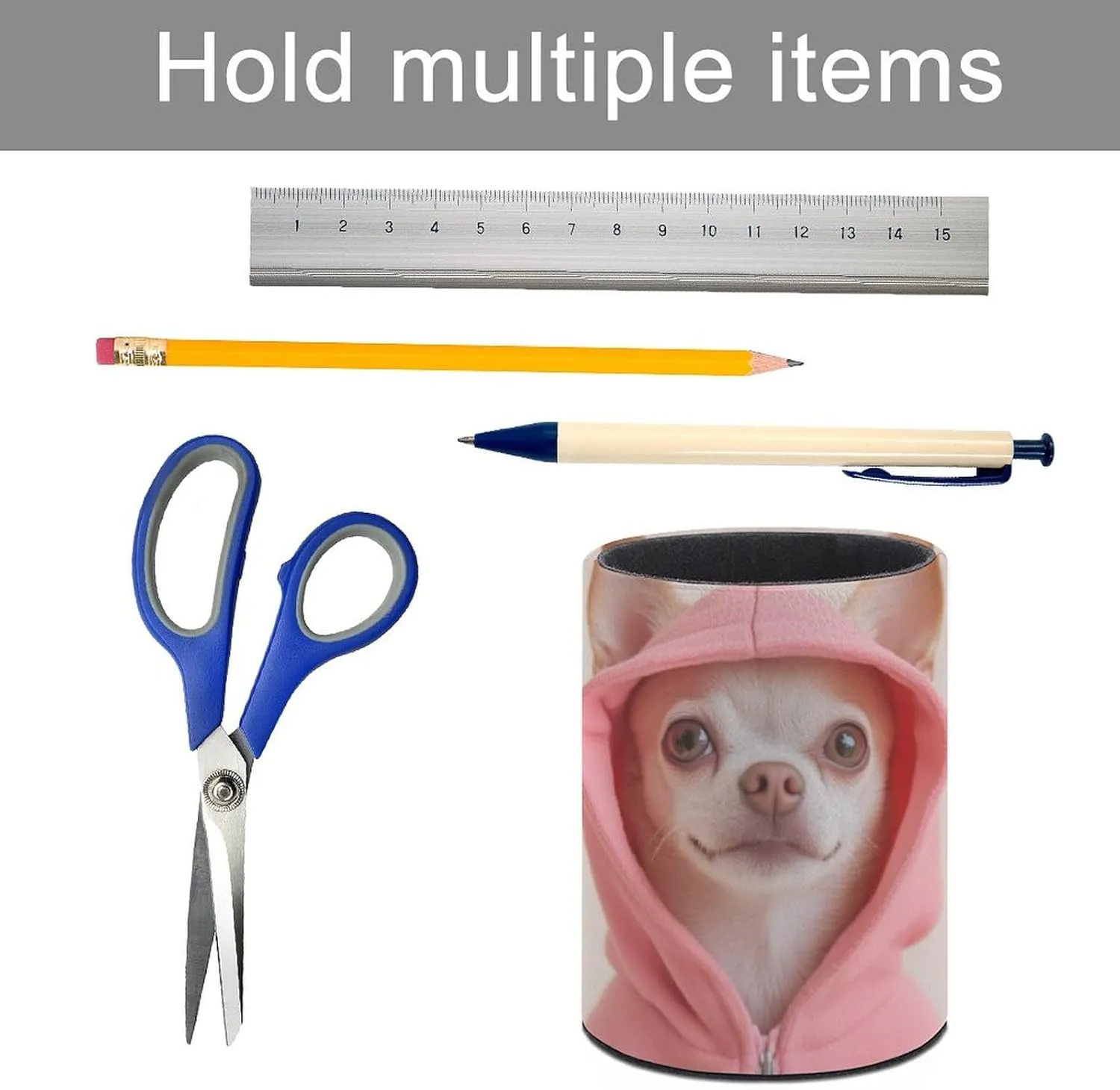 Pen Holder Cup Cute Chihuahua Puppy Dog Pencil Case, Desk Stationery Organizer Storage Box Pu Leather Round Makeup Brush Holder