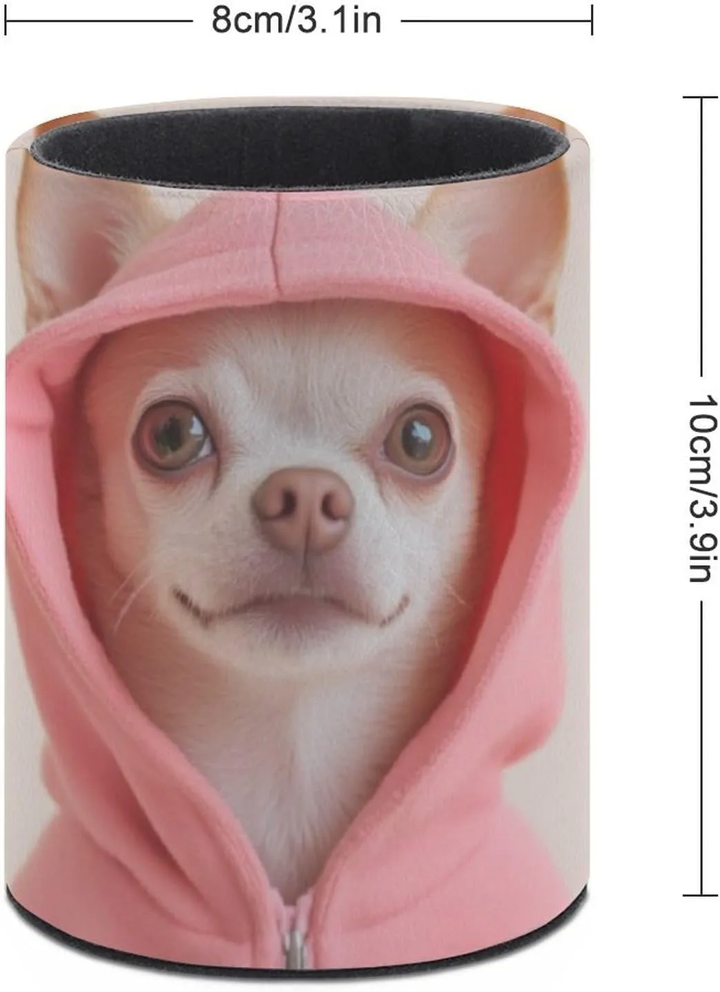 Pen Holder Cup Cute Chihuahua Puppy Dog Pencil Case, Desk Stationery Organizer Storage Box Pu Leather Round Makeup Brush Holder