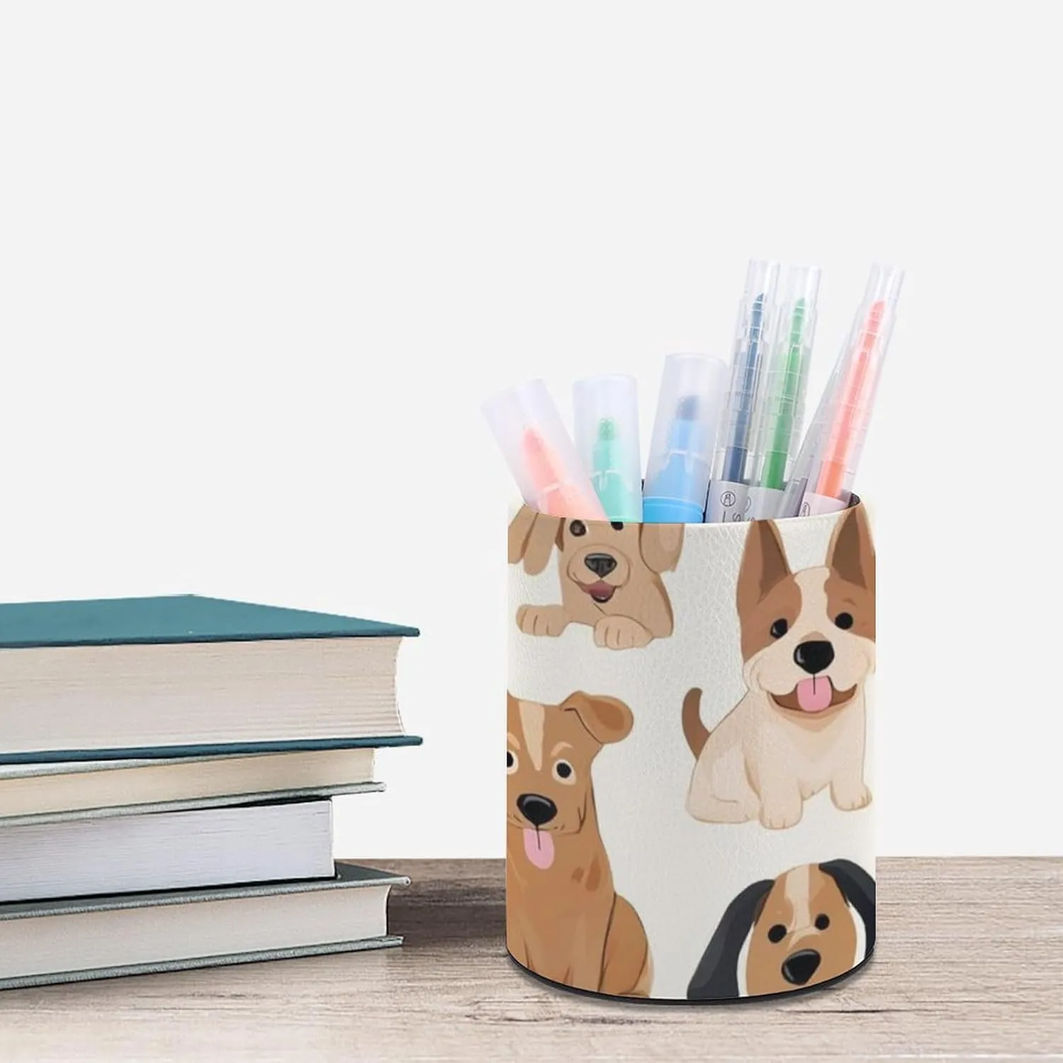 Pen Holder for Desk Pencil Box Pu Leather Round Makeup Brush Organizer Case Affenpinscher Airedale Terrier Australian Cattle Dog Stationery Container Storage Box
