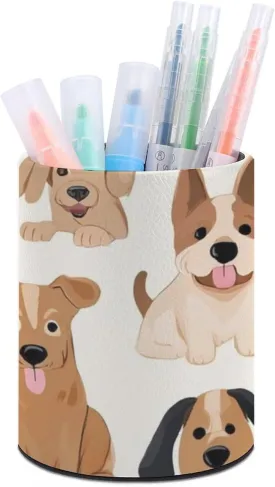 Pen Holder for Desk Pencil Box Pu Leather Round Makeup Brush Organizer Case Affenpinscher Airedale Terrier Australian Cattle Dog Stationery Container Storage Box