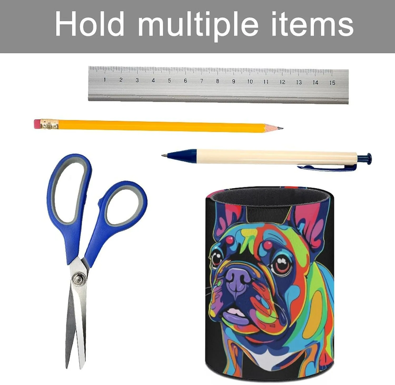 Pen Holder for Desk Pencil Box Pu Leather Round Makeup Brush Organizer Case Colorful French Bulldogs Black Stationery Container Storage Box