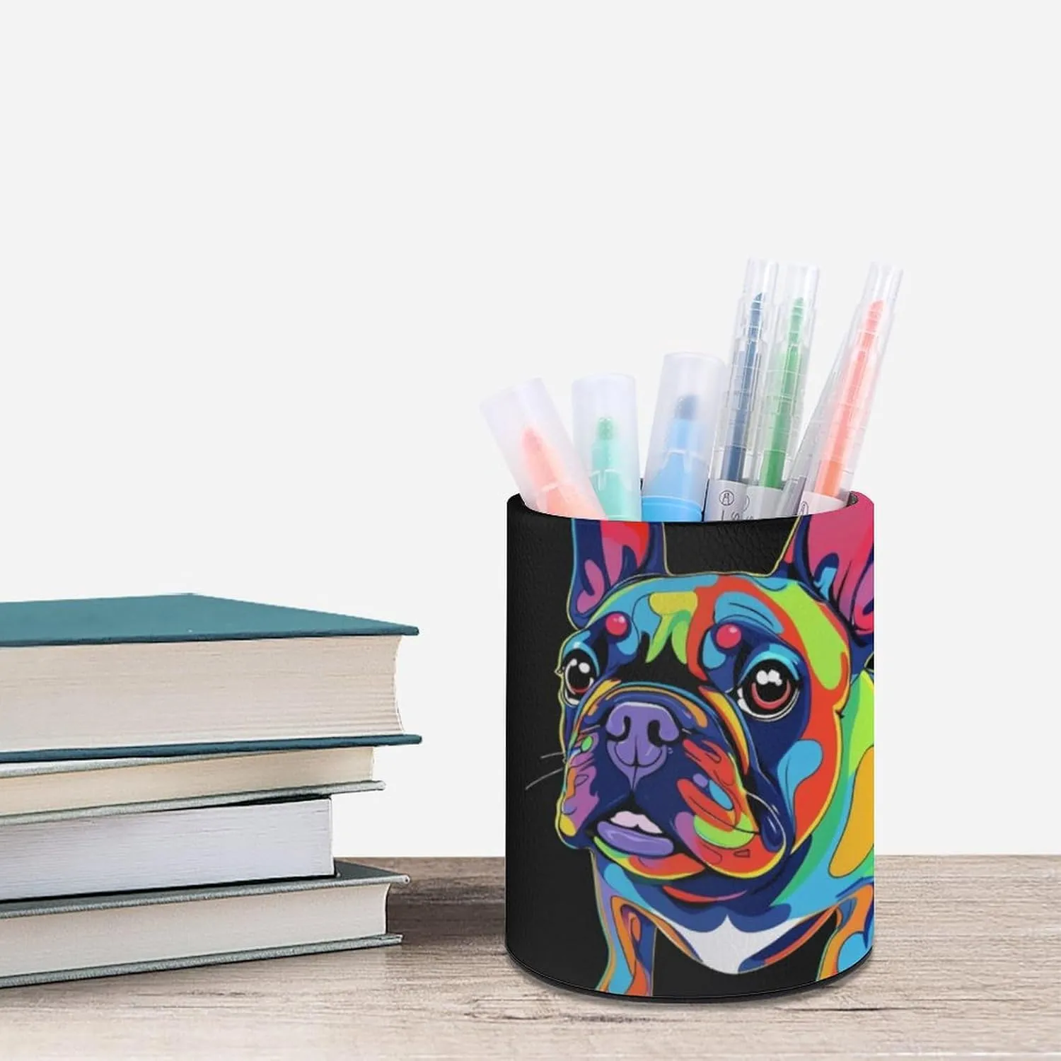 Pen Holder for Desk Pencil Box Pu Leather Round Makeup Brush Organizer Case Colorful French Bulldogs Black Stationery Container Storage Box