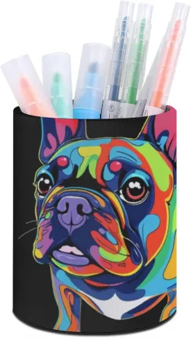 Pen Holder for Desk Pencil Box Pu Leather Round Makeup Brush Organizer Case Colorful French Bulldogs Black Stationery Container Storage Box
