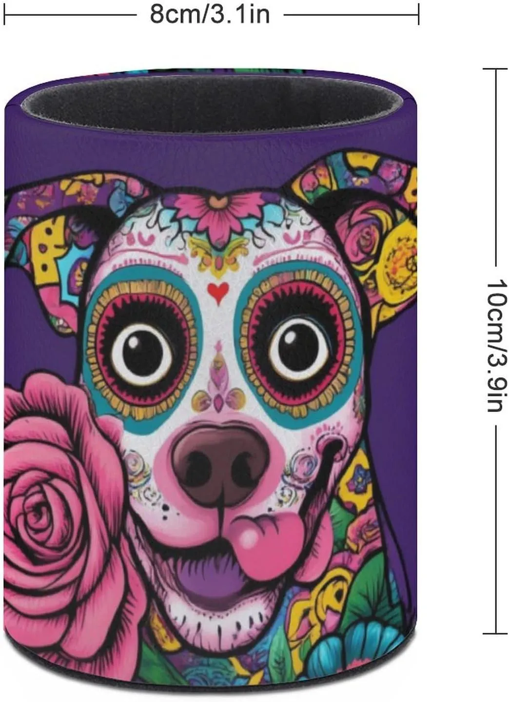 Pen Pencil Holder for Desk, Round Pen Cup Office Desk Organizer Day of The Dead Pitbull Dog Art Stationery Storage Box Pu Leather Makeup Brush Holder