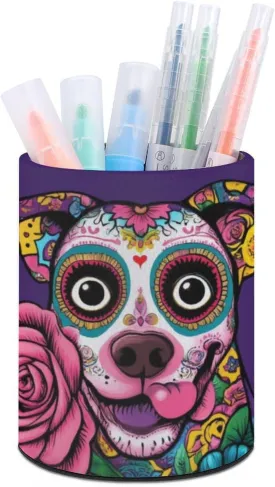 Pen Pencil Holder for Desk, Round Pen Cup Office Desk Organizer Day of The Dead Pitbull Dog Art Stationery Storage Box Pu Leather Makeup Brush Holder