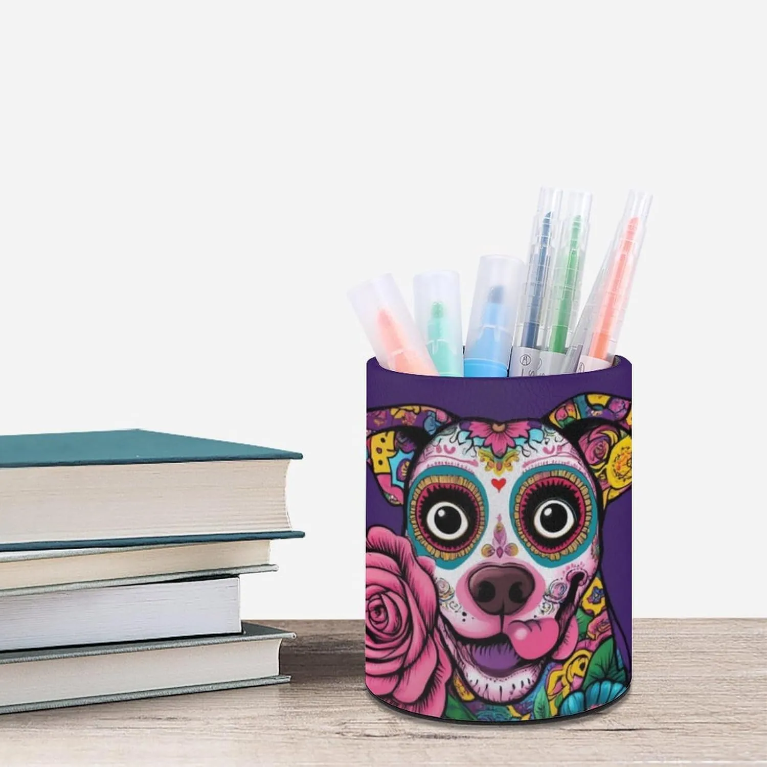 Pen Pencil Holder for Desk, Round Pen Cup Office Desk Organizer Day of The Dead Pitbull Dog Art Stationery Storage Box Pu Leather Makeup Brush Holder