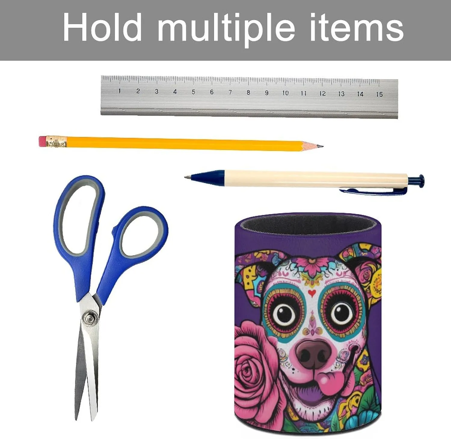 Pen Pencil Holder for Desk, Round Pen Cup Office Desk Organizer Day of The Dead Pitbull Dog Art Stationery Storage Box Pu Leather Makeup Brush Holder