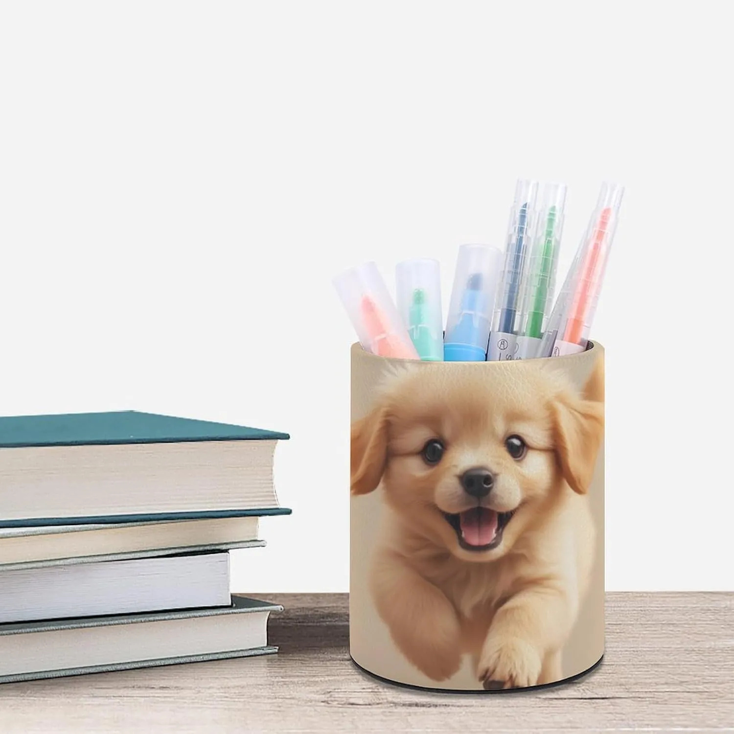 Pencil Holder Cup for Desk, Desktop Pen Organizer Pu Leather Makeup Brush Holder Cute Little Puppy Dog Fantasy Office Stationery Storage Box