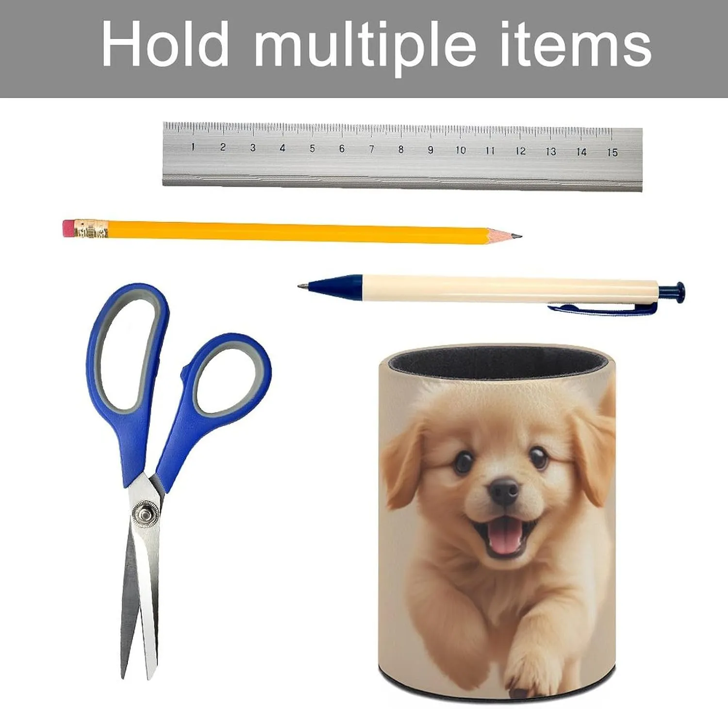 Pencil Holder Cup for Desk, Desktop Pen Organizer Pu Leather Makeup Brush Holder Cute Little Puppy Dog Fantasy Office Stationery Storage Box