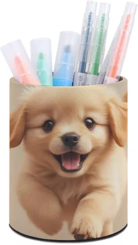 Pencil Holder Cup for Desk, Desktop Pen Organizer Pu Leather Makeup Brush Holder Cute Little Puppy Dog Fantasy Office Stationery Storage Box