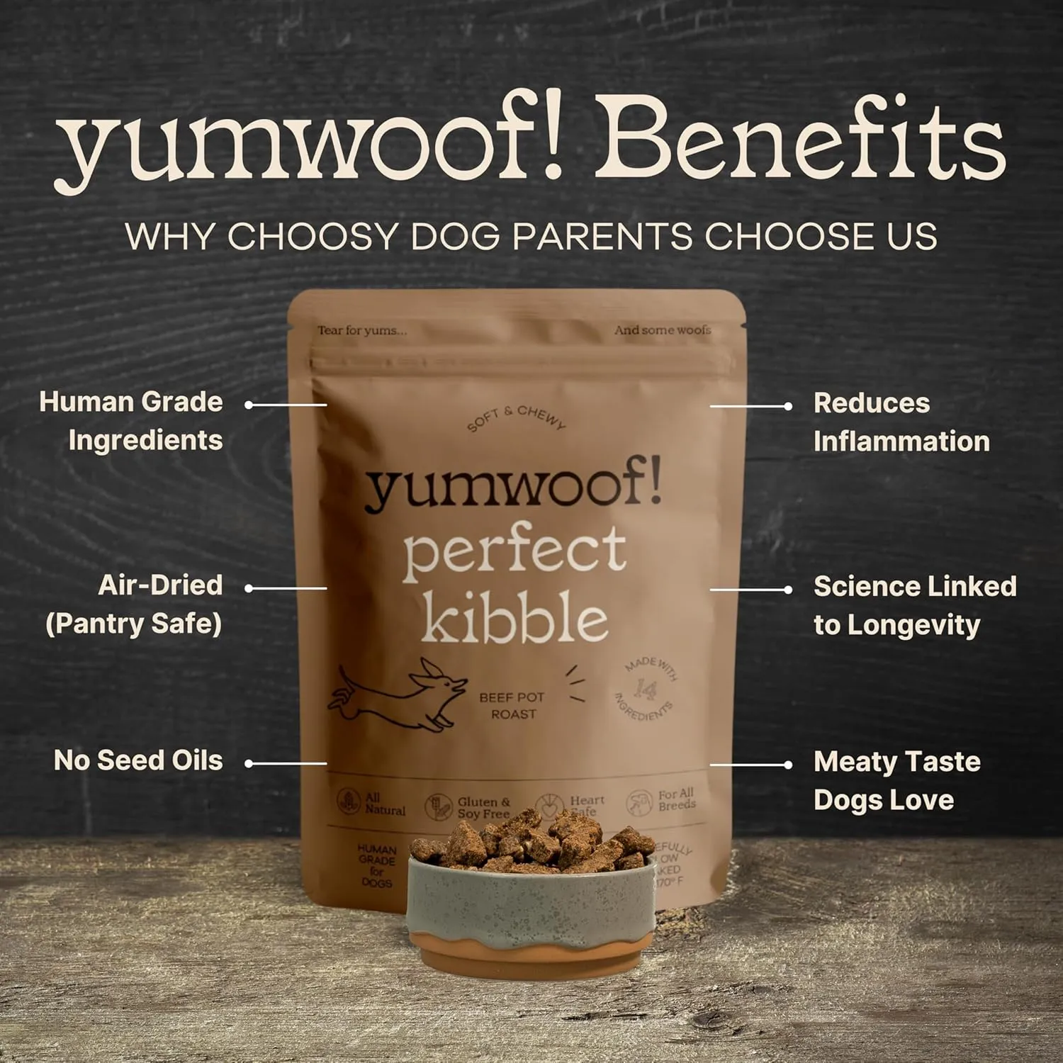 Perfect Kibble Non-GMO Air Dried Dog Food | Improves Allergies & Digestion with Organic Coconut Oil, MCTs & Antioxidants | Vet-Approved Soft Dry Diet | Made in USA (Beef 14 oz.)