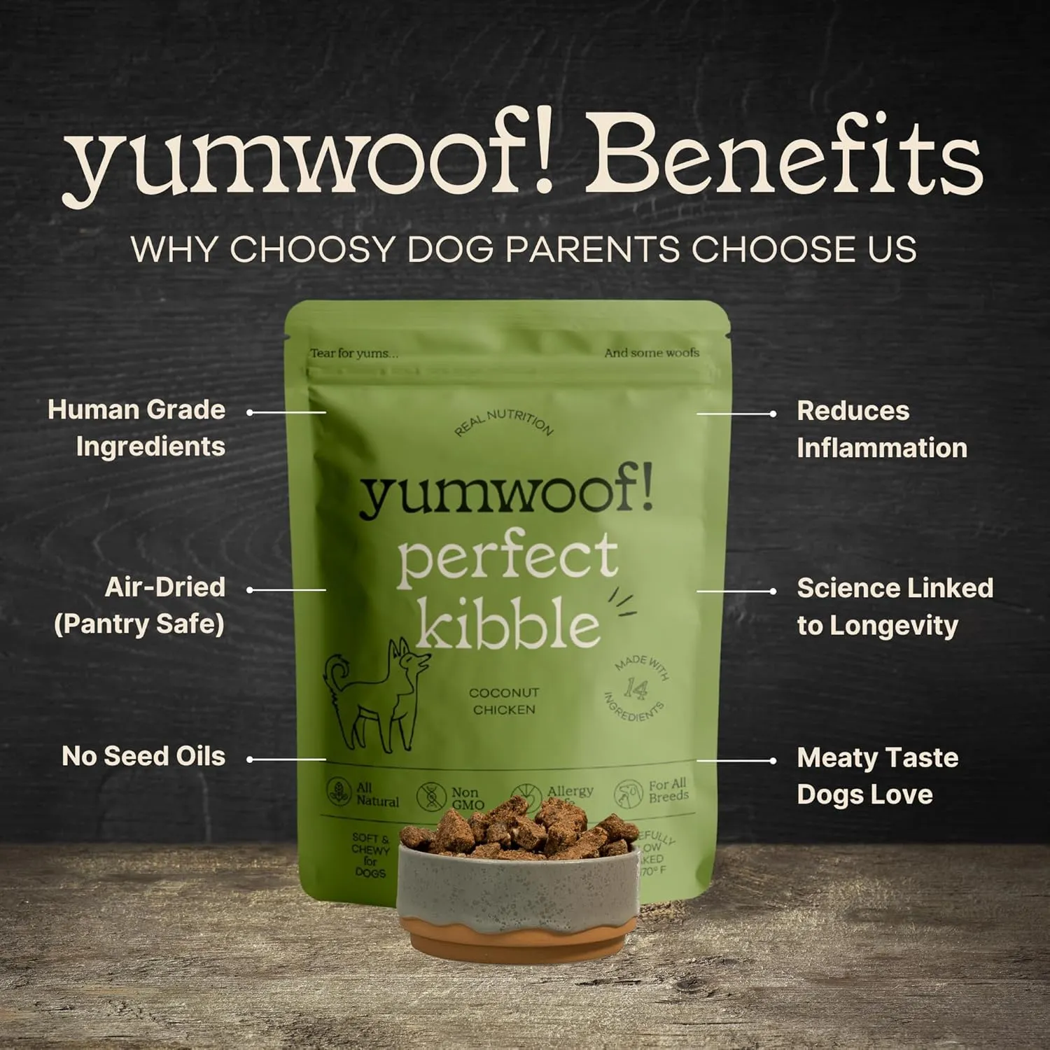 Perfect Kibble Non-GMO Air Dried Dog Food | Improves Allergies & Digestion with Organic Coconut Oil, MCTs & Antioxidants | Vet-Approved Soft Dry Diet | Made in USA (Chicken 14 oz.)