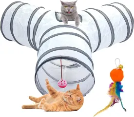 Pet Cat Tunnel Tube 3 Way Collapsible Cat Tunnels for Indoor Cats Tunnel Bored Pet Cats Play Tunnels with Peek Hole Toy Ball for Kitty, Kitten, Rabbit(Color:White)