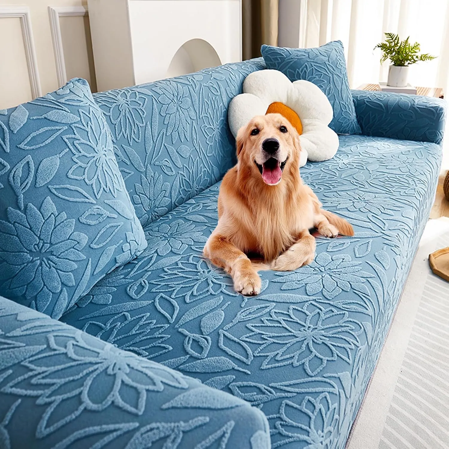 Pet Couch Covers for Sofa, Boho 3D Floral Couch Protector for Dogs with 2 Pillow Covers 18x18, Soft Comfy Washable Plush Sofa Mat Pet Bed Couch Slipcover (Blue,S)