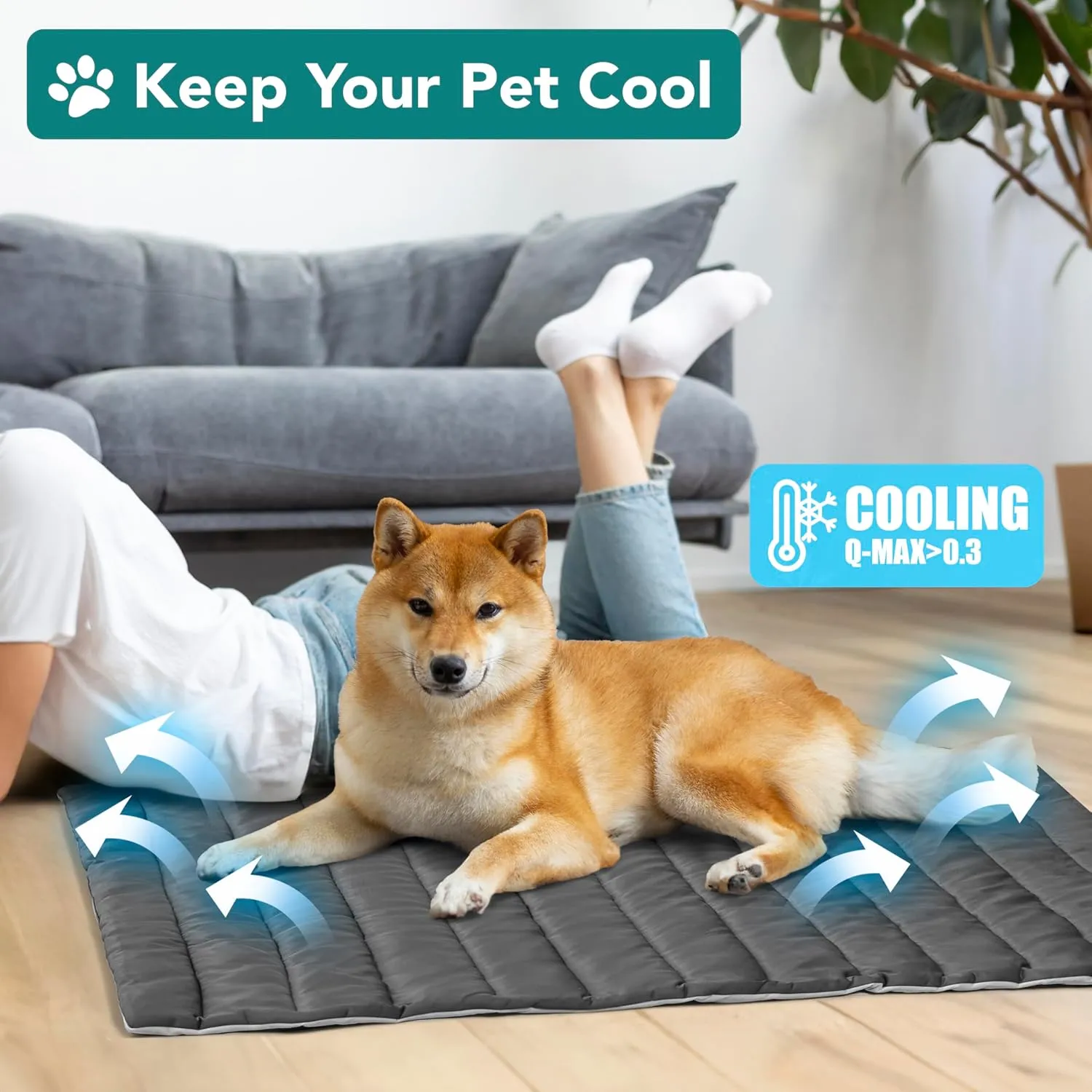 PetAmi Cooling Mat for Dog, Premium Pet Cooling Blanket for Crate Kennel, Indoor Cat Cool Sleeping Pad, Q-MAX Cold Sofa Couch Cover for Summer, Gray/Light Grey, Large (40x60)
