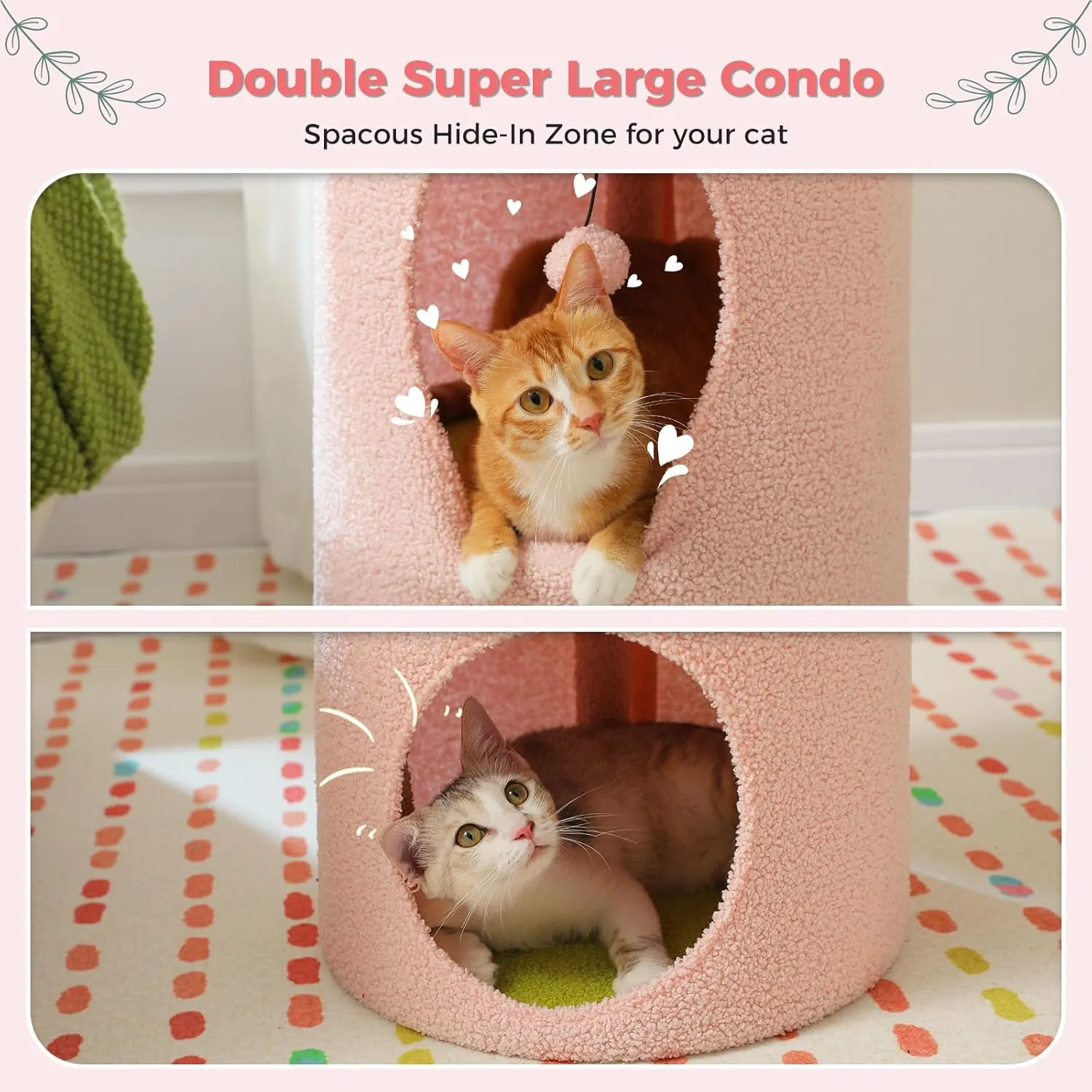 PETEPELA 2-Level Cat Beds for Indoor Cats, Cat Tree House with Removable Flower Cat Bed, Cute Cat Bed Cave Hideaway, Indoor Cats Condo for Large Cats, 20X20X28.7 Inches, Pink
