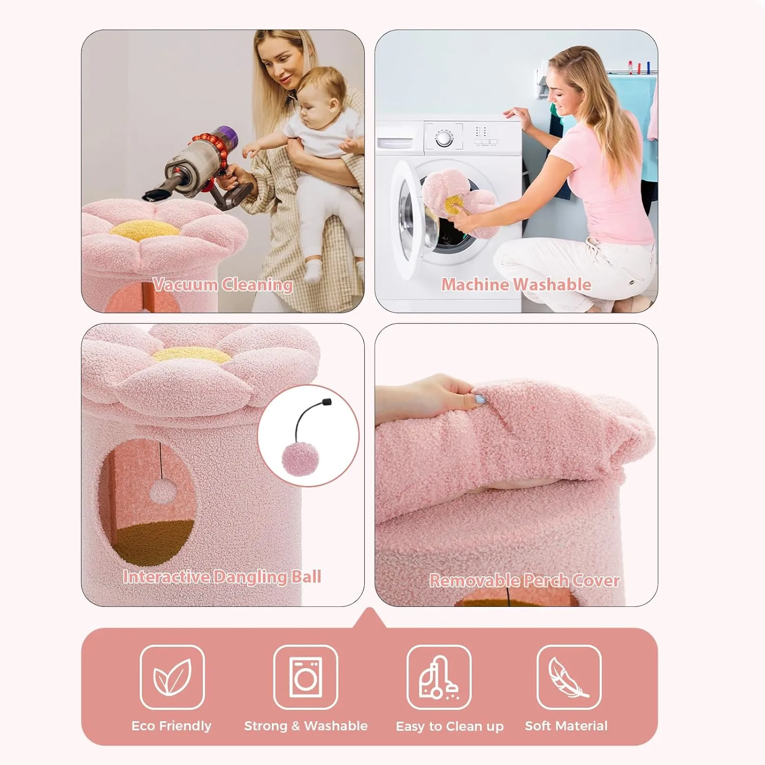 PETEPELA 2-Level Cat Beds for Indoor Cats, Cat Tree House with Removable Flower Cat Bed, Cute Cat Bed Cave Hideaway, Indoor Cats Condo for Large Cats, 20X20X28.7 Inches, Pink