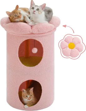 PETEPELA 2-Level Cat Beds for Indoor Cats, Cat Tree House with Removable Flower Cat Bed, Cute Cat Bed Cave Hideaway, Indoor Cats Condo for Large Cats, 20X20X28.7 Inches, Pink