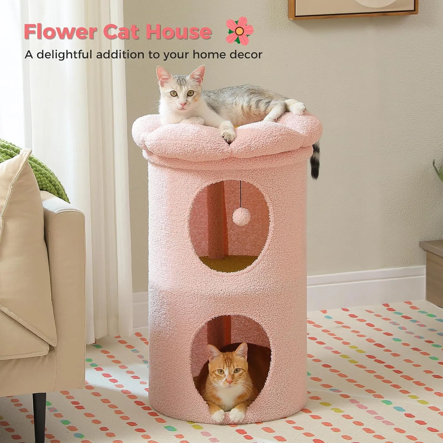PETEPELA 2-Level Cat Beds for Indoor Cats, Cat Tree House with Removable Flower Cat Bed, Cute Cat Bed Cave Hideaway, Indoor Cats Condo for Large Cats, 20X20X28.7 Inches, Pink