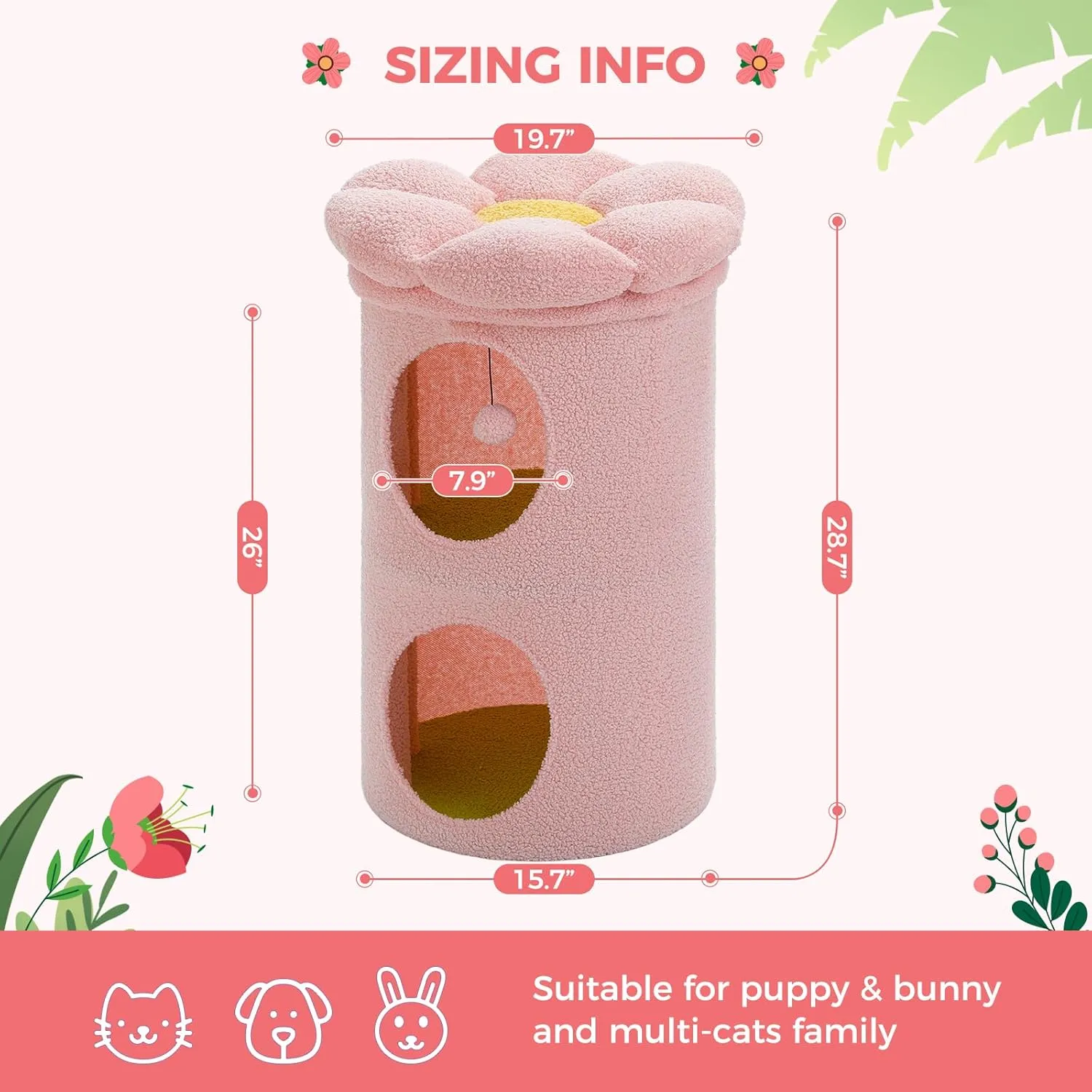PETEPELA 2-Level Cat Beds for Indoor Cats, Cat Tree House with Removable Flower Cat Bed, Cute Cat Bed Cave Hideaway, Indoor Cats Condo for Large Cats, 20X20X28.7 Inches, Pink