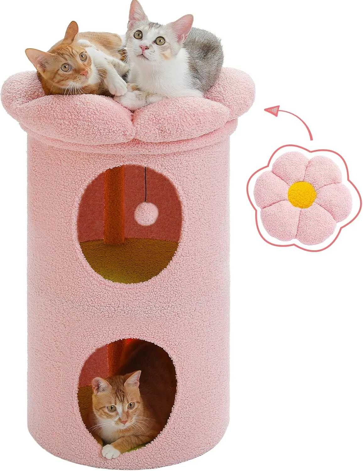 PETEPELA 2-Level Cat Beds for Indoor Cats, Cat Tree House with Removable Flower Cat Bed, Cute Cat Bed Cave Hideaway, Indoor Cats Condo for Large Cats, 20X20X28.7 Inches, Pink