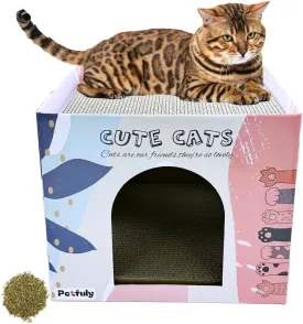 PETFULY Cat Scratcher House x2 Pads Corrugated Paper Board for Indoor Cats with Catnip - Scratch Cardboard Bed for Scratching & Rest - Durable Recycled Paper Box Pet Kitten Toys