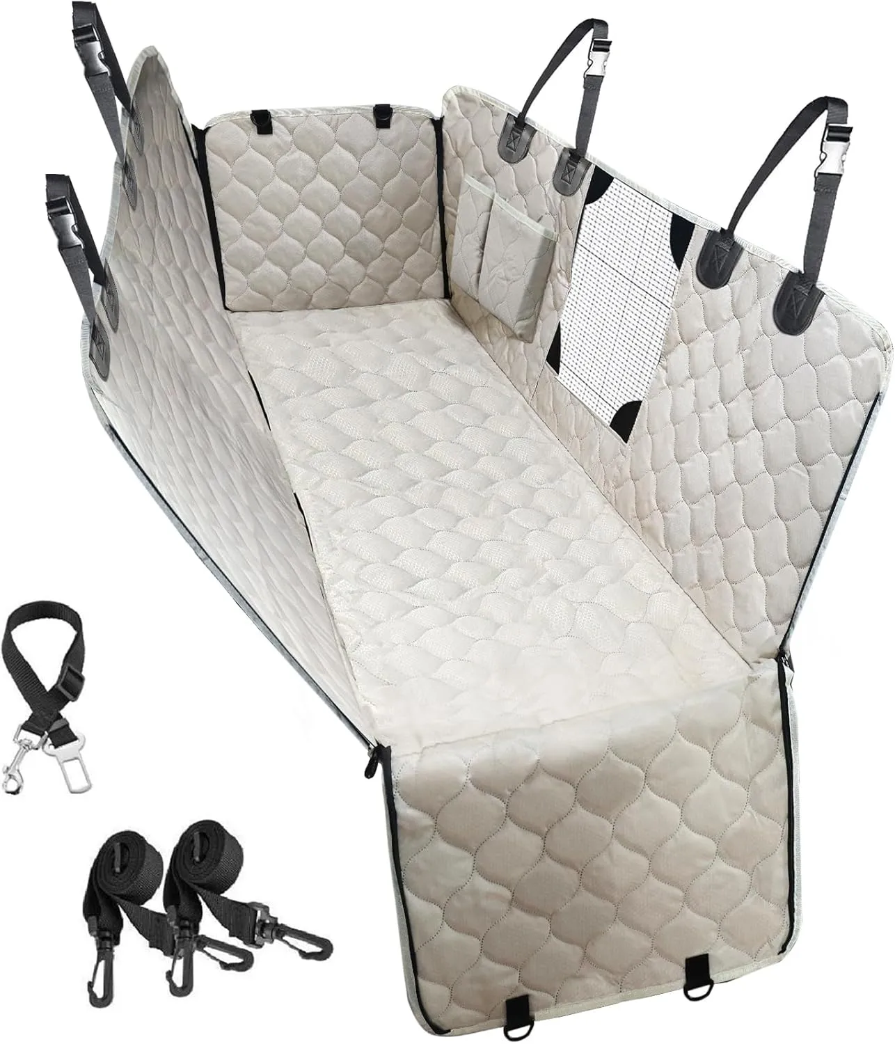 PETICON Dog Car Seat Cover with Mesh Window, 100% Waterproof Pet Seat Cover for Back Seat, Scratchproof Dog Hammock for Cars, Trucks, SUVs, Jeeps, Beige