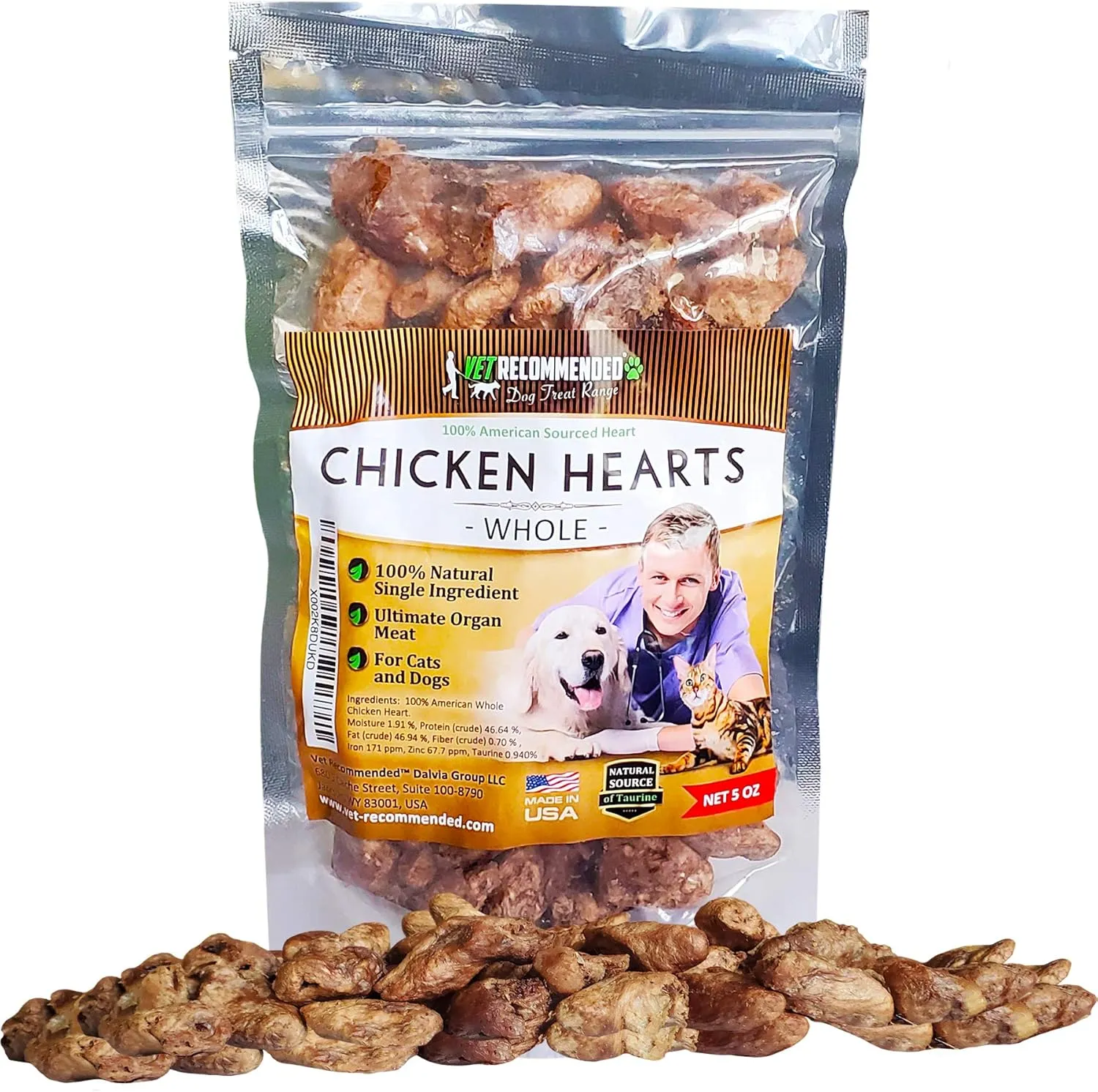 Premium Whole Chicken Hearts for Dogs and Cats (5oz Bag), Freeze Dried Natural Dog Treats - Perfect Organ Meat for Pets, Human Grade, Natural Source of Taurine, USA Made.