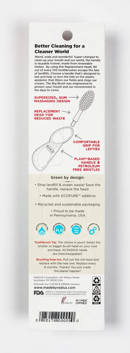 RADIUS Toothbrush Big Brush with Replaceable Head, Left Hand, Soft in Coral Sparkle, BPA Free and ADA Accepted, Designed to Improve Gum Health and Reduce The Risk of Gum Disease