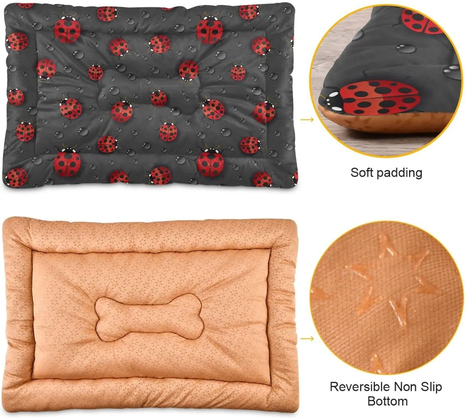 Red Ladybugs Dog Bed Cat Bed Soft Washable Pet Crate Mat Non Slip Comfortable Dog Kennel Crate Mat for Small Medium and Laege Dogs Cat, 24 x 36 Inch