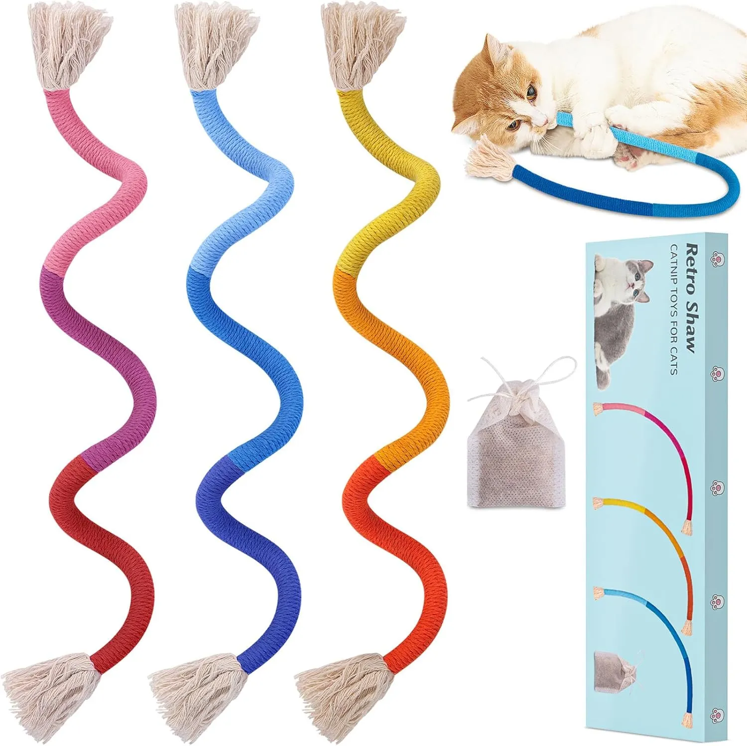 Retro Shaw Cat Toys Chew Rope,3 Pack Catnip Ropes Toy for Indoor Kittens Kitty,Cats String Safe Teeth Cleaning Toy,Interactive Cat Nip Kicker Toy 23.6 Inches