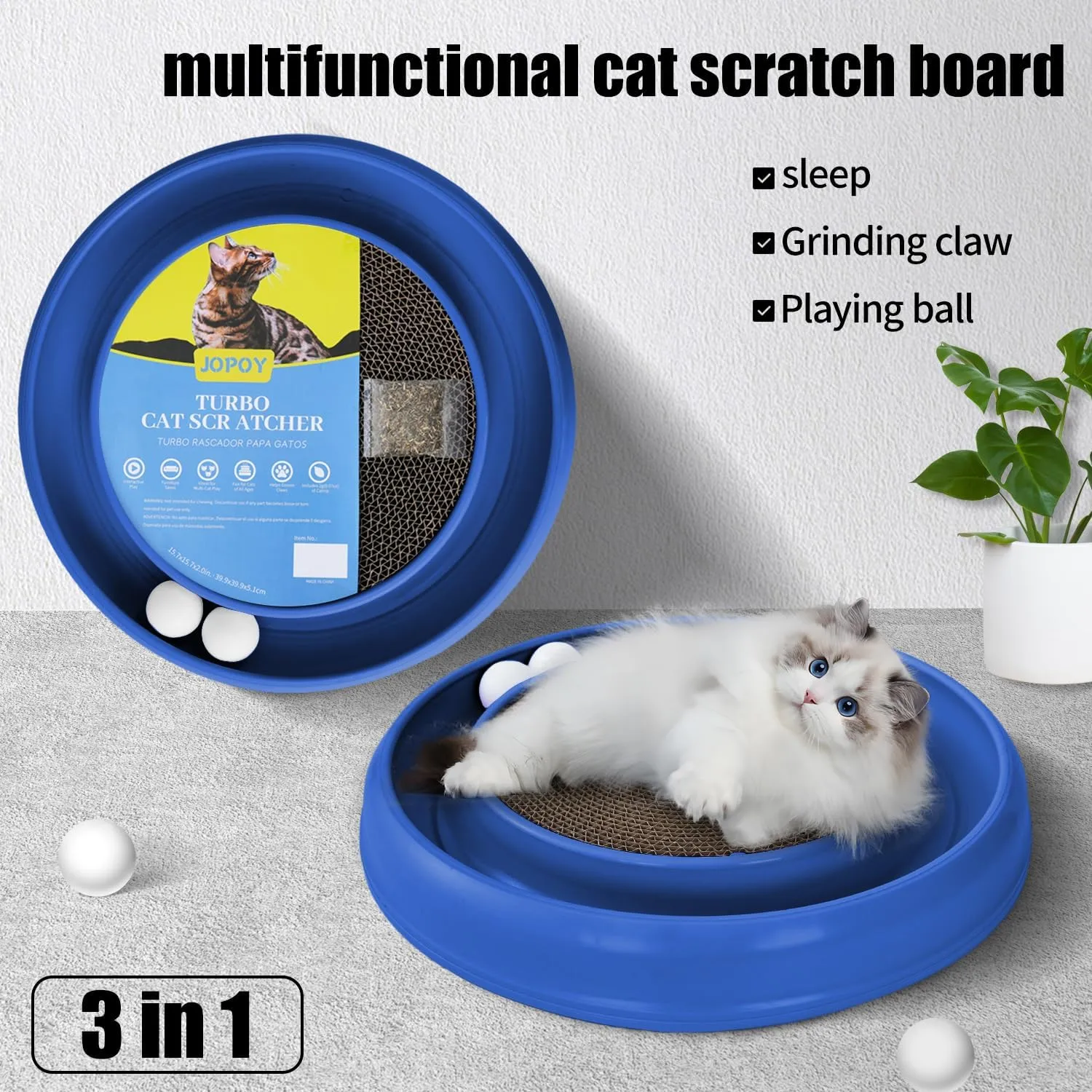 Round Cat Scratcher Pad with Two Interactive Spinning Balls for Active Play Kitten and Adult Cats