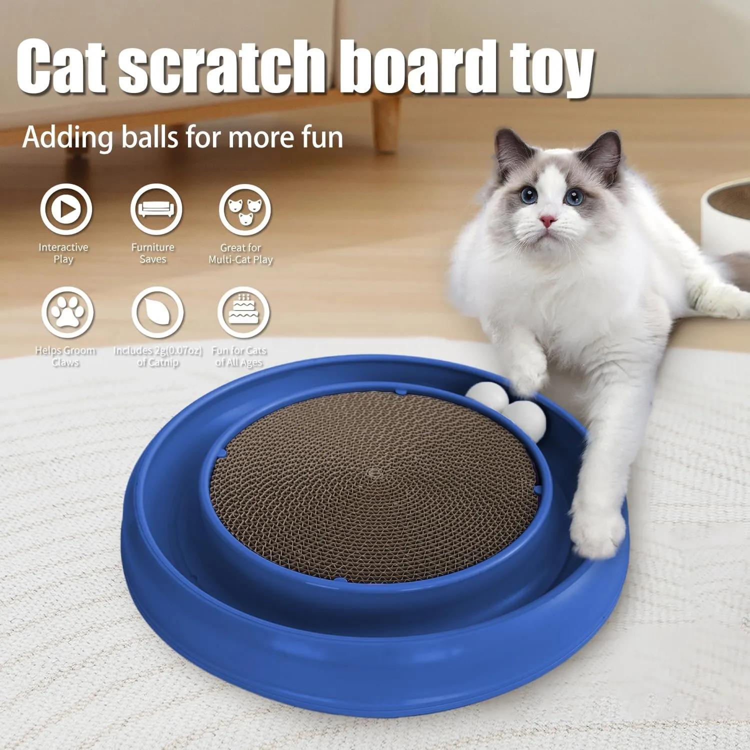Round Cat Scratcher Pad with Two Interactive Spinning Balls for Active Play Kitten and Adult Cats
