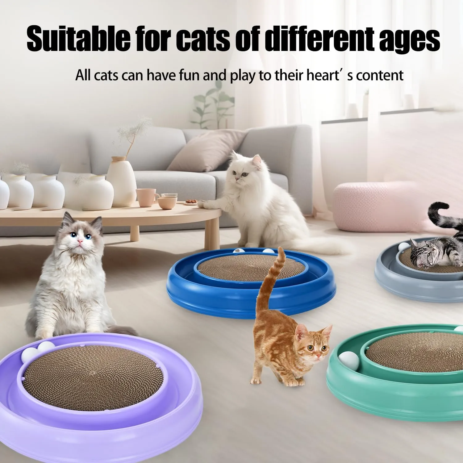 Round Cat Scratcher Pad with Two Interactive Spinning Balls for Active Play Kitten and Adult Cats