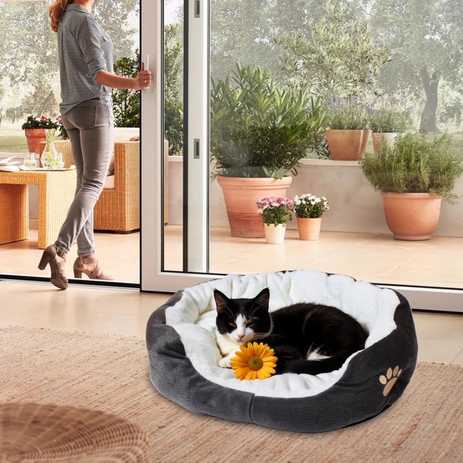Round Dog Cat Beds Mattress Washable Pads Room, Soft Durable Plush Faux Fur Sleeping Pet Fleece Bed Mat for Small Doggy Kitten Puppy, with Anti-Slip Waterproof Bottom, Grey