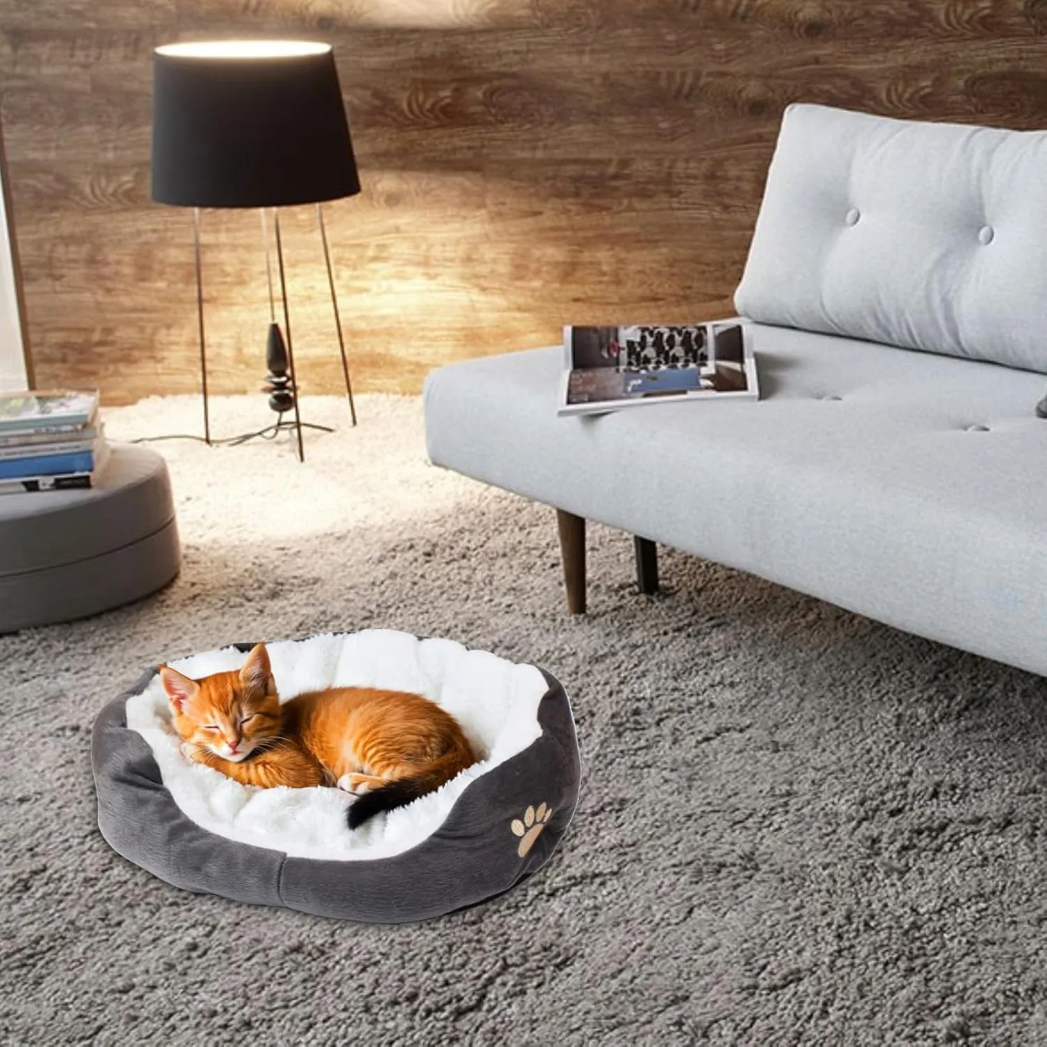 Round Dog Cat Beds Mattress Washable Pads Room, Soft Durable Plush Faux Fur Sleeping Pet Fleece Bed Mat for Small Doggy Kitten Puppy, with Anti-Slip Waterproof Bottom, Grey