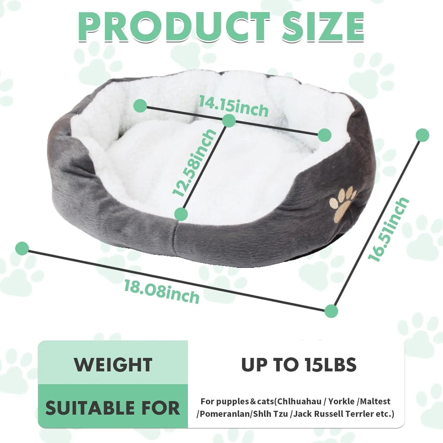 Round Dog Cat Beds Mattress Washable Pads Room, Soft Durable Plush Faux Fur Sleeping Pet Fleece Bed Mat for Small Doggy Kitten Puppy, with Anti-Slip Waterproof Bottom, Grey