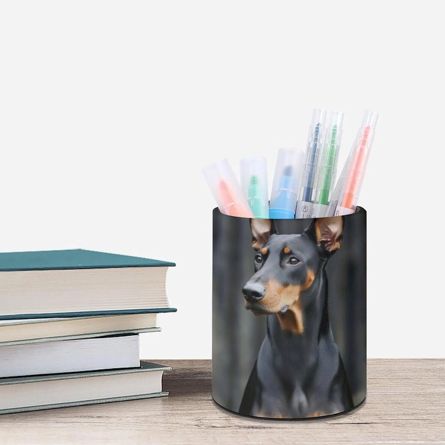 Round Pencil Holder for Desk, German Doberman Pinscher Stationary Storage Holder, PU Leather Pen Cup Desk Organizer Container Box