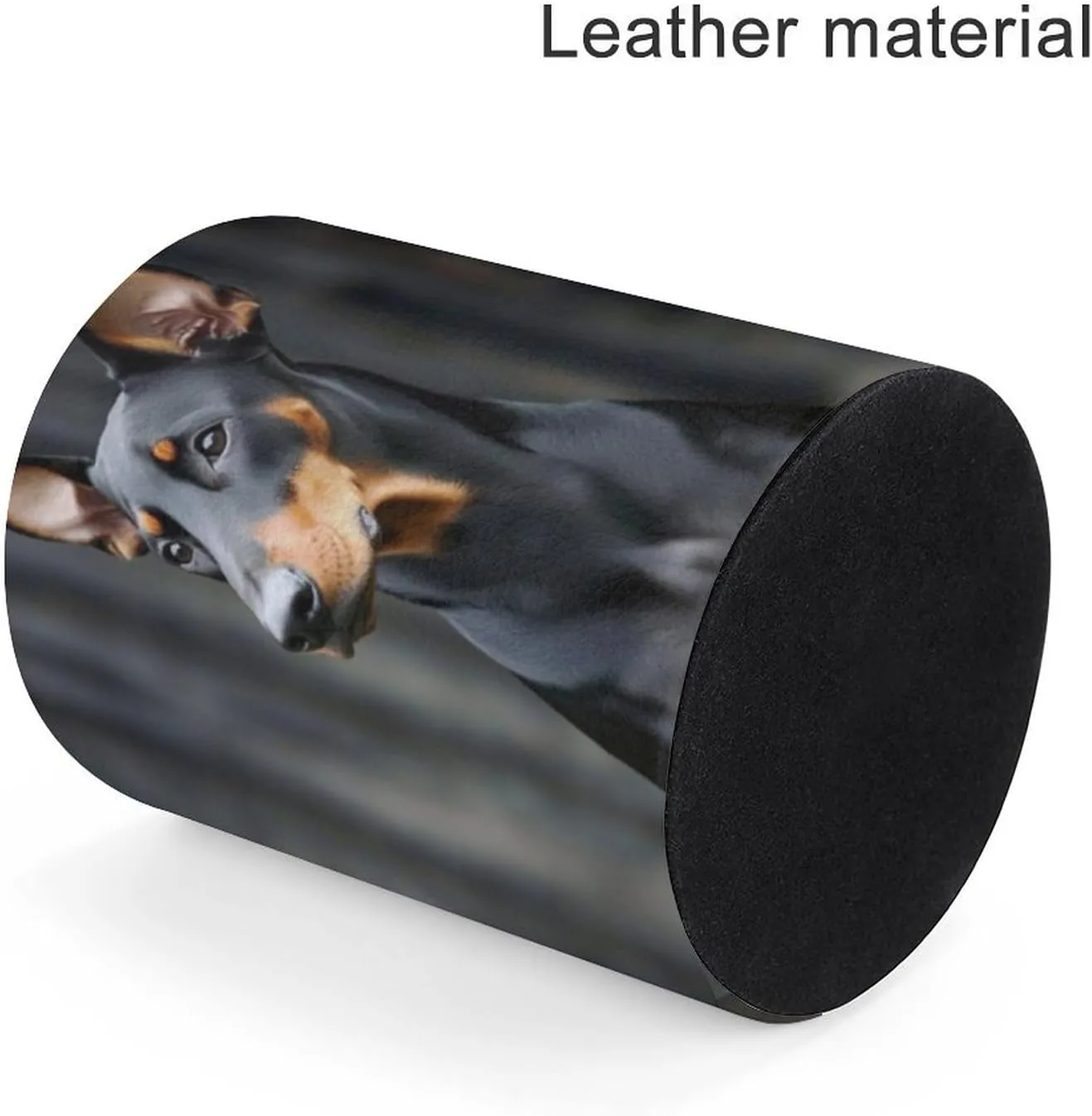 Round Pencil Holder for Desk, German Doberman Pinscher Stationary Storage Holder, PU Leather Pen Cup Desk Organizer Container Box