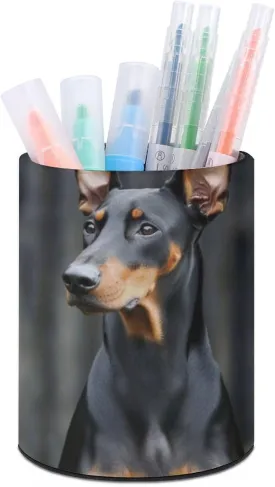 Round Pencil Holder for Desk, German Doberman Pinscher Stationary Storage Holder, PU Leather Pen Cup Desk Organizer Container Box