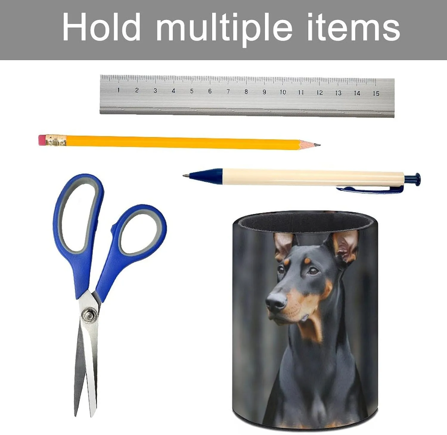 Round Pencil Holder for Desk, German Doberman Pinscher Stationary Storage Holder, PU Leather Pen Cup Desk Organizer Container Box