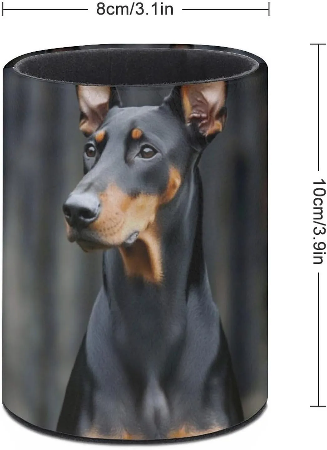 Round Pencil Holder for Desk, German Doberman Pinscher Stationary Storage Holder, PU Leather Pen Cup Desk Organizer Container Box