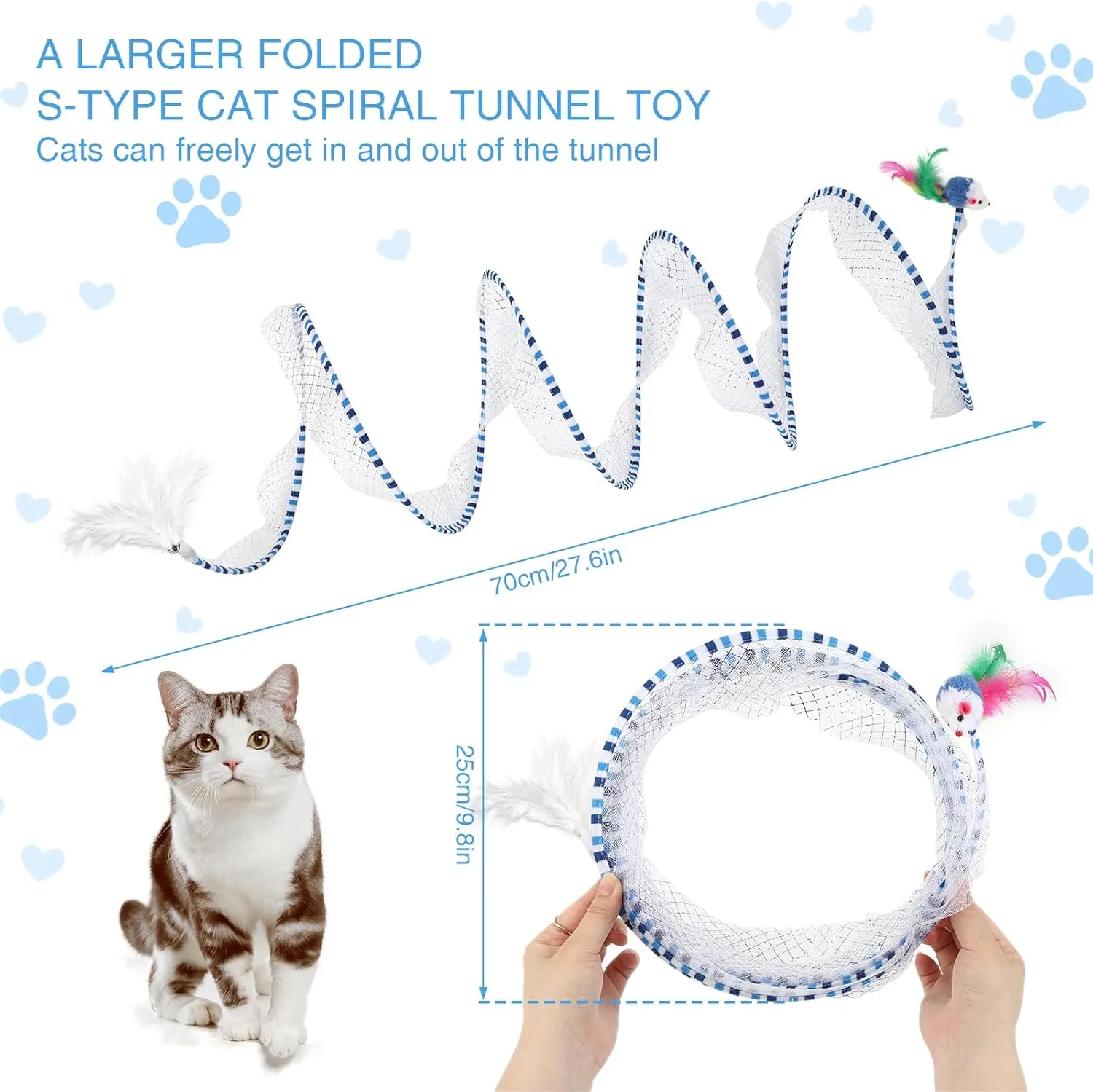 S Type Self-Play Folded Coil Cat Spiral Tunnel Toy for Indoor Large Cats Play Exercise with 2 PCS Flea Lice Combs, Decompression Interactive Cat Springs Toys (Blue)