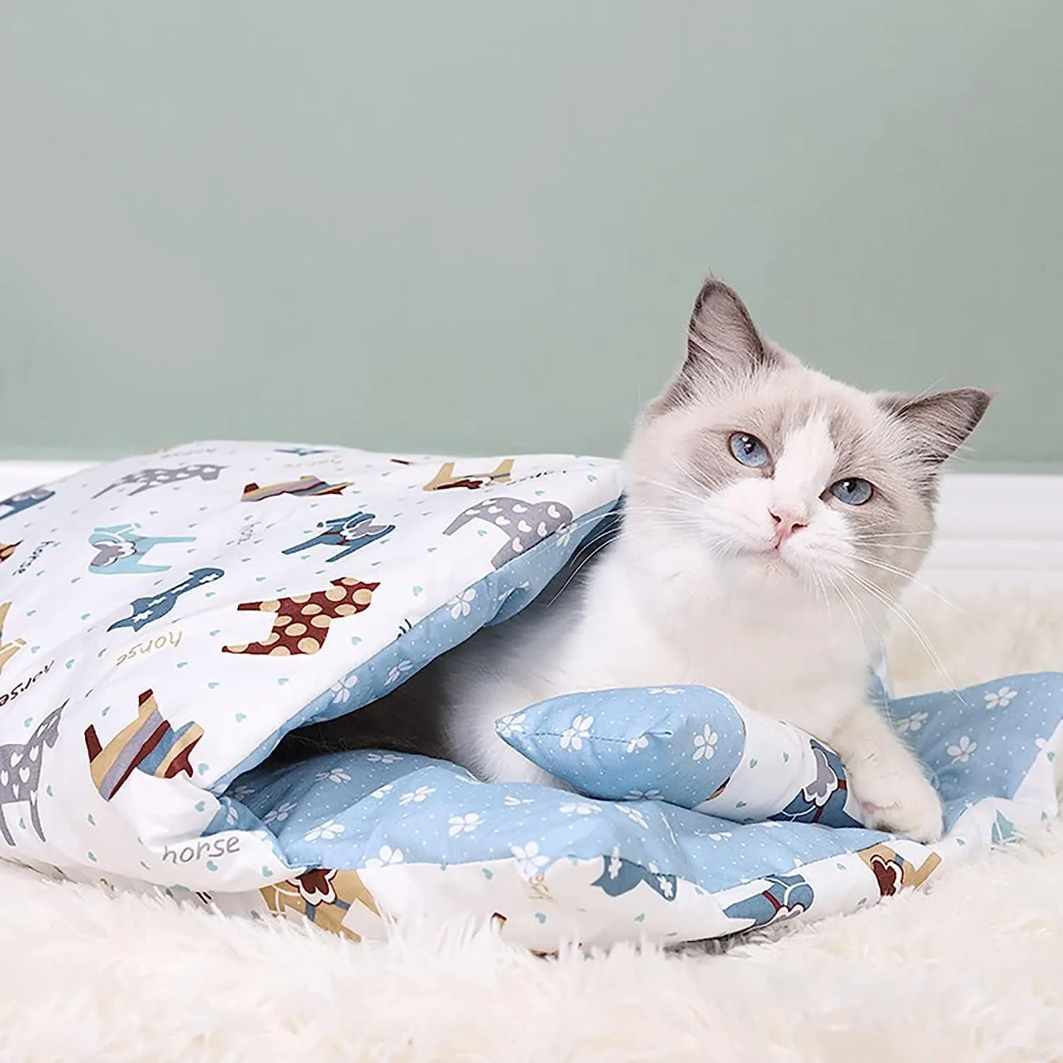Self Warming Cat Cave Bed - Hideaway Burrow Calming Pocket Pet Bed Cat Nest Snuggle Sack for Kitten Puppy - L-26''x20'', Blue