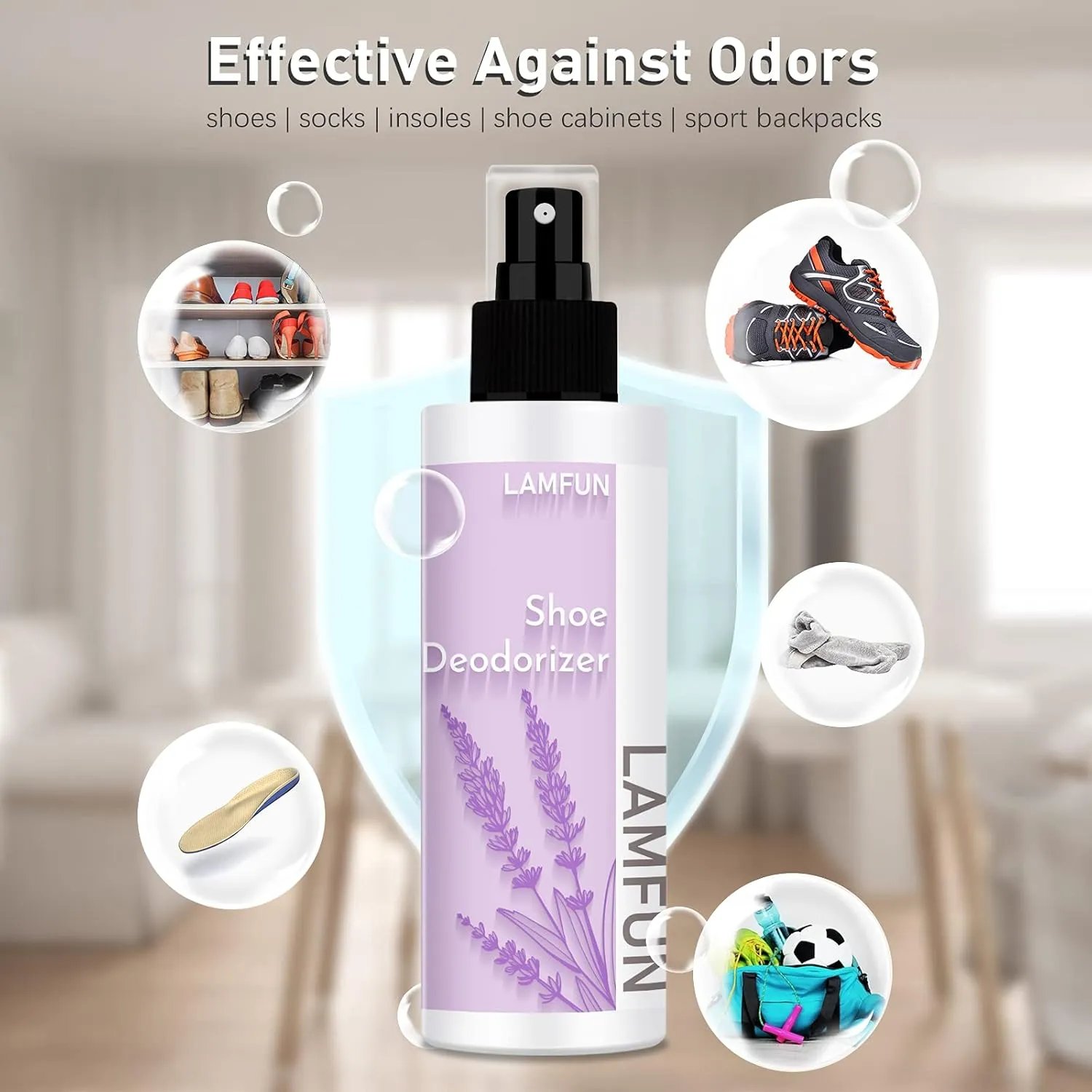 Shoe Odor Eliminator, Lamfun Deodorant Spray for Stinky Sneakers or Smelly Feet, Natural Shoe Deodorizer and Foot Deodorant Fight All Odors, Lavender, 150ml