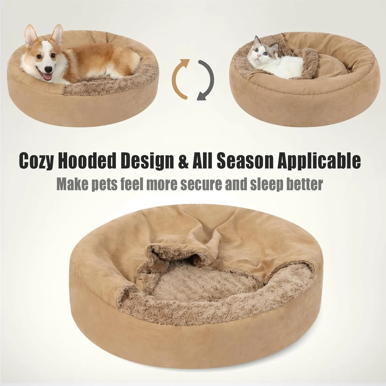 Small Dog Bed with Hooded Blanket - Washable Puppy Bed with Cover, Cozy Cave Dog Bed for Small Dog Cat, Donut Pet Bed with with Non-Slip Bottom (Brown, Small)