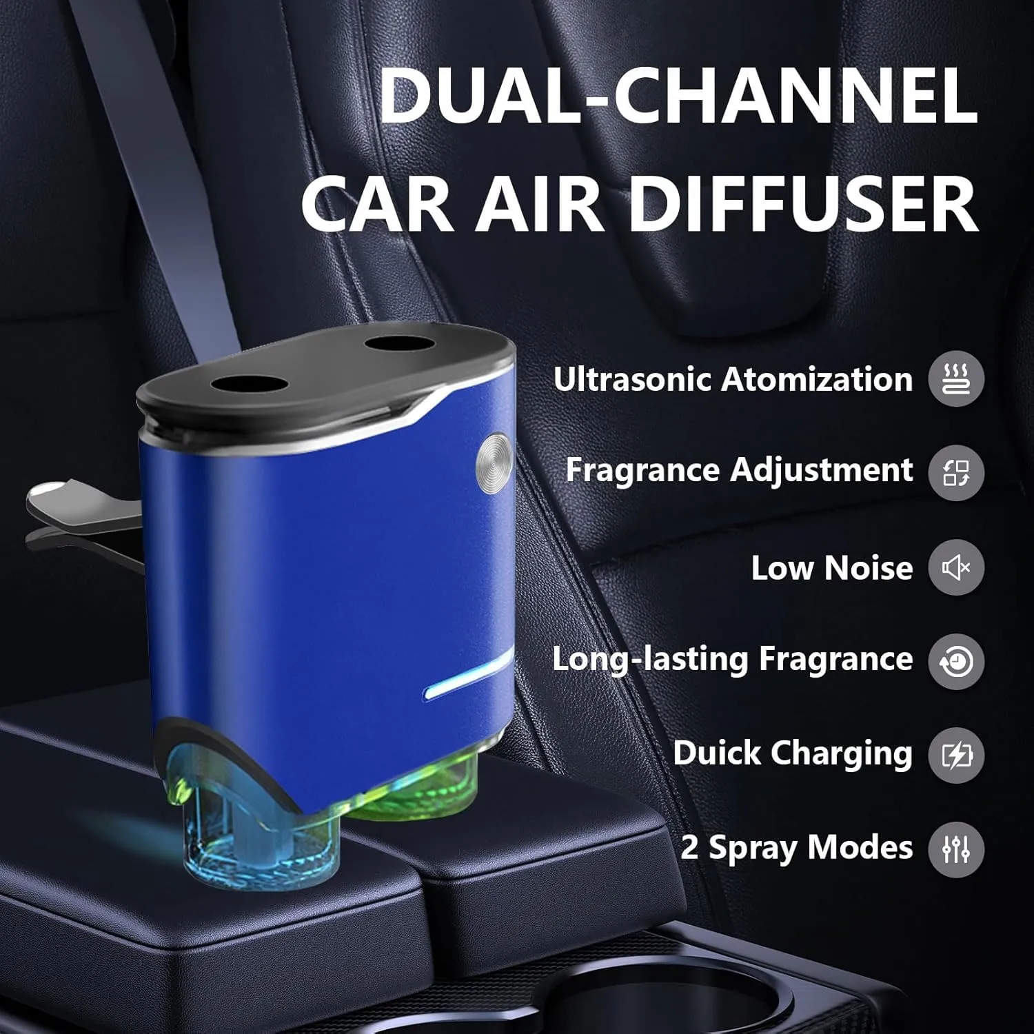 Smart Car Air Freshener, Dual-Channel Diffuser, Long-Lasting Scent Air Freshener Three Adjustable Modes, Aromatizante Para Carro With 4pcs Aromatherapy Oil Oils Rechargeable Intelligent Blue